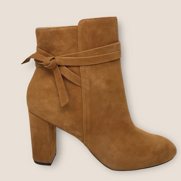 Sole Society Brown Kid Suede Booties Wrap Flynn Ankle Almond Toe - Picture 1 of 11